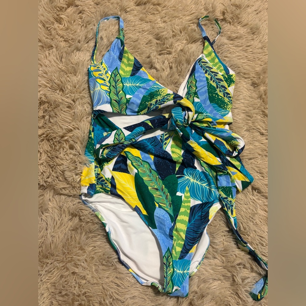Aerie Kids One Piece Swimsuit - Blue, Green, Yellow Leaf Print